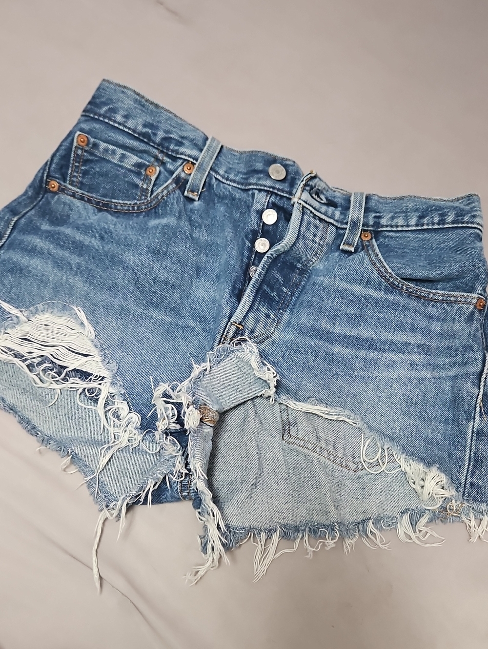 Levis 501 High-Waist Distressed Denim Shorts - Blue